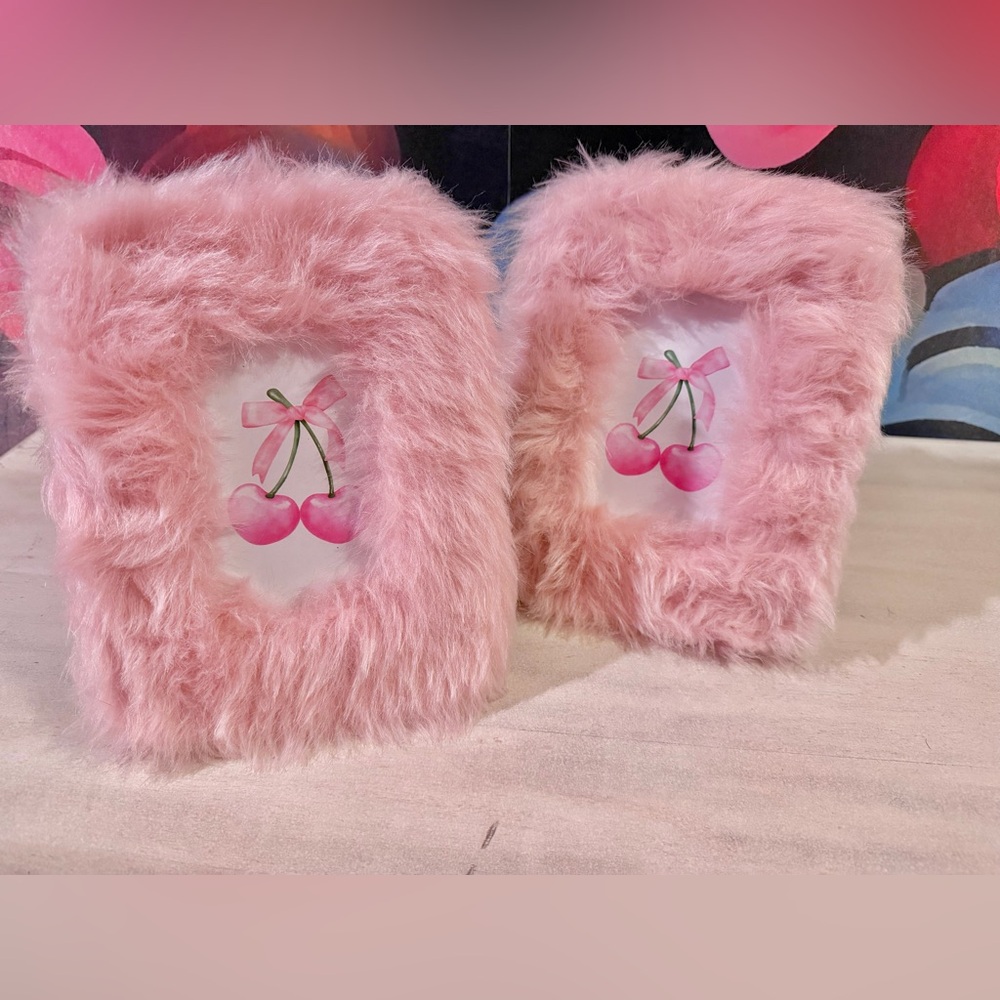 Pink Fur Picture Frames with Cherry Print Photo